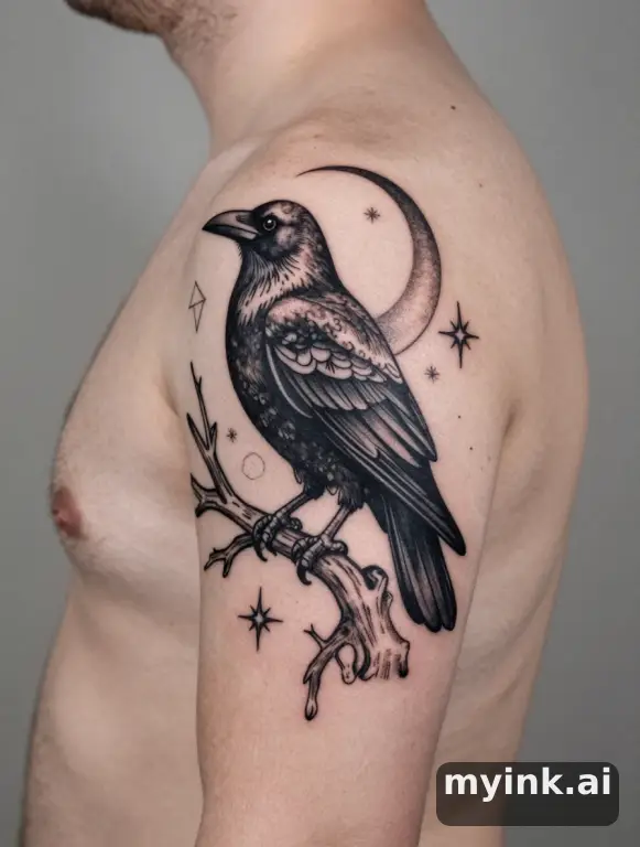 Blackwork Raven Tattoo Design reference image