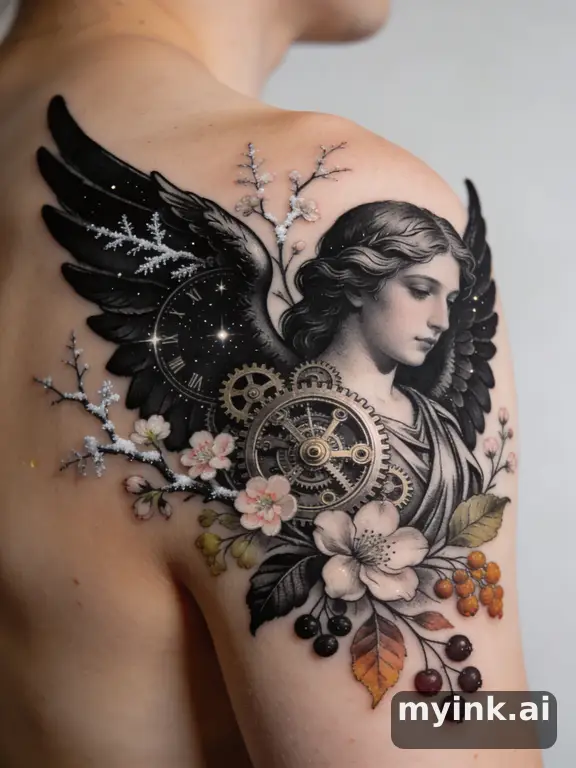Blackwork Angel Tattoo Design reference image