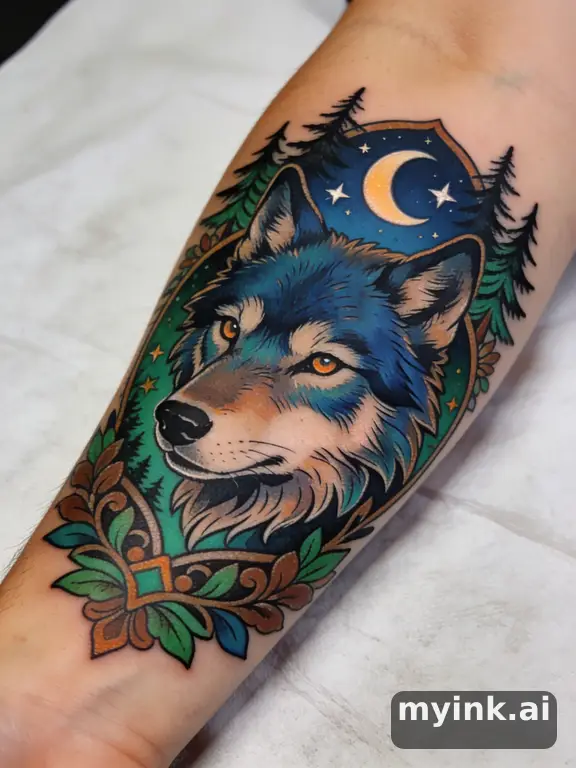Neotraditional Wolf Tattoo Design reference image