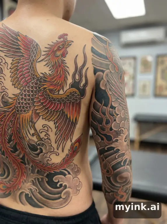 Phoenix rising from flames — Japanese Tattoo Design reference image