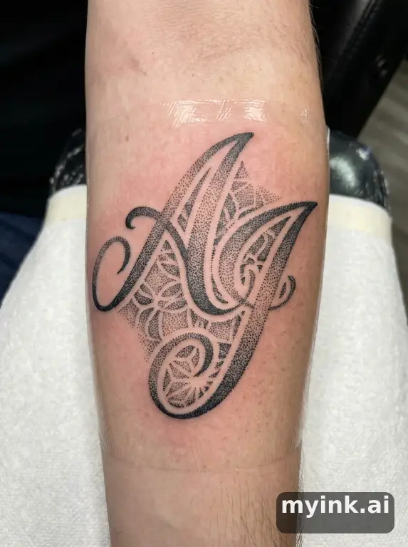 Initials 'A & J' intertwined — Dotwork Tattoo Design reference image