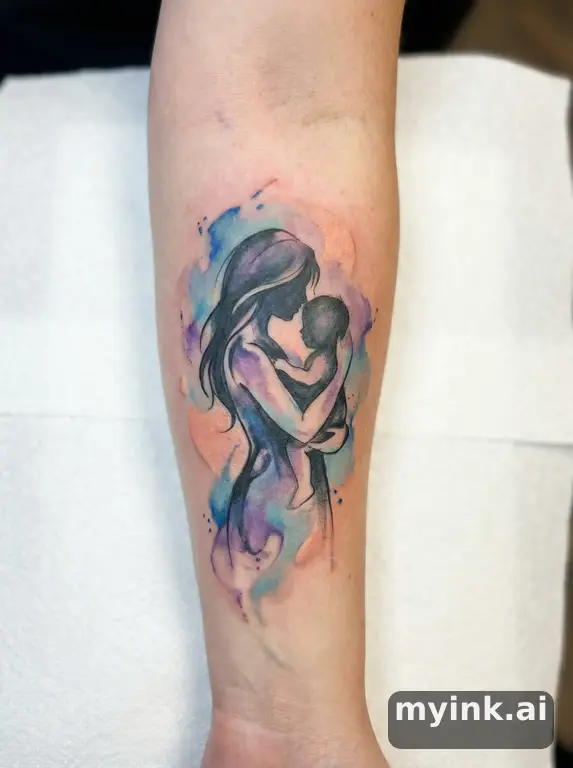 Mother and child silhouette — Watercolor Tattoo Design reference image