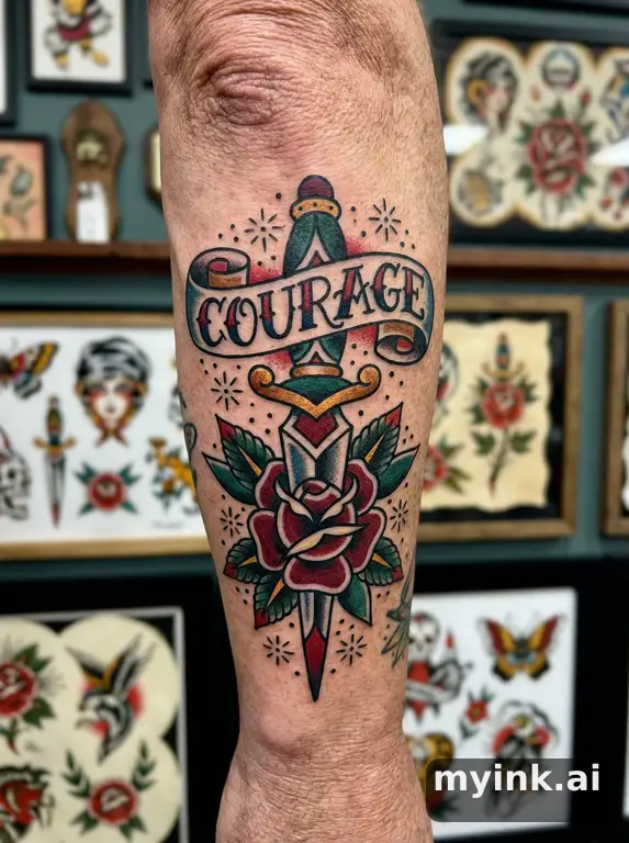 Word 'Courage' in bold typography — Traditional Tattoo Design reference image