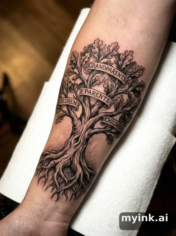Family tree with roots — Realistic Tattoo Design reference image