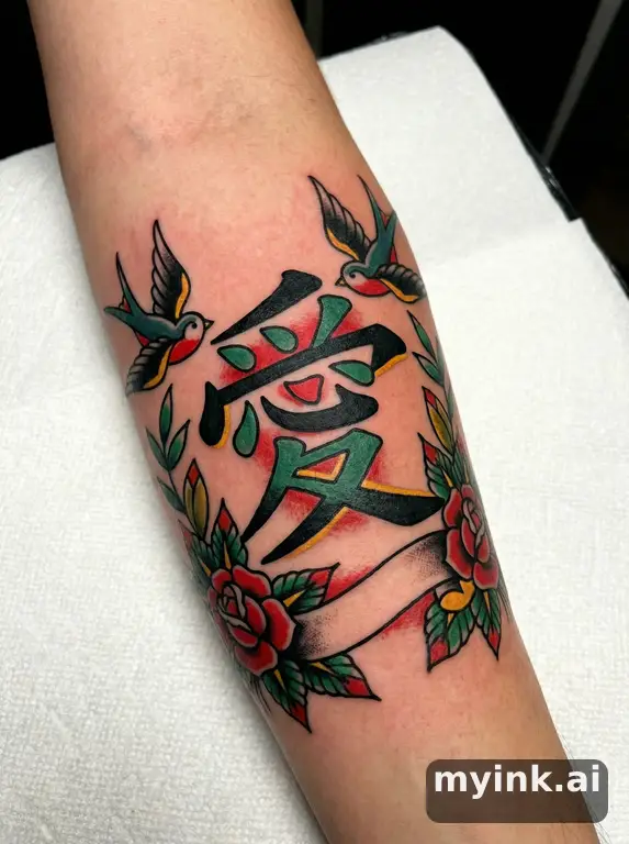 Chinese character '愛' (love) — Traditional Tattoo Design reference image