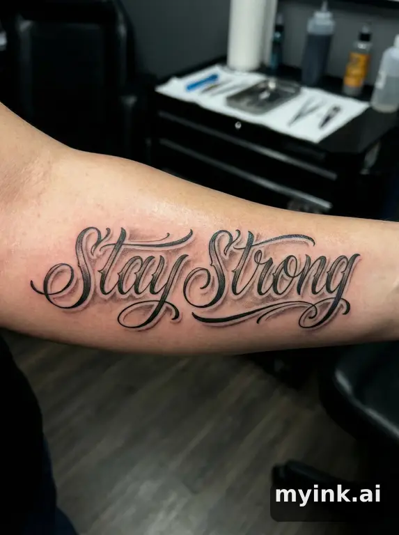 Phrase 'Stay Strong' in script — Realistic Tattoo Design reference image