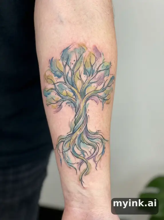 Family tree with roots — Watercolor Tattoo Design reference image