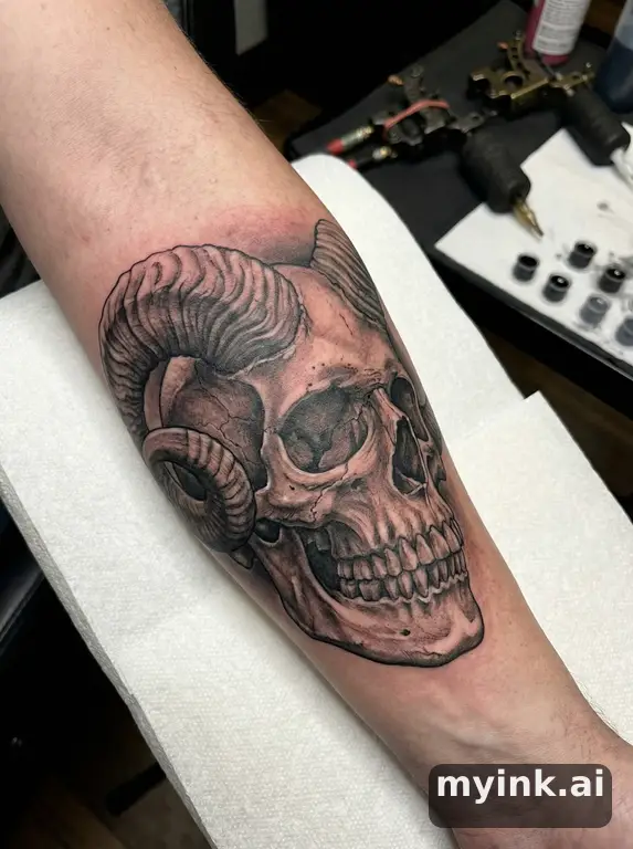 Skull with horns — Realistic Tattoo Design reference image