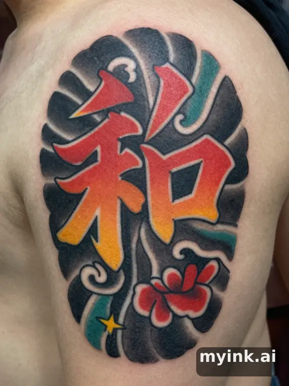 Chinese character '和' (harmony) — Neotraditional Tattoo Design reference image