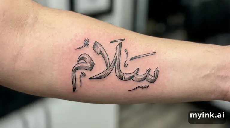 Arabic calligraphy writing 'سلام' (peace) — Realistic Tattoo Design reference image