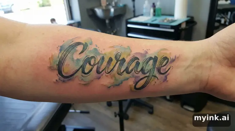 Word 'Courage' in bold typography — Watercolor Tattoo Design reference image
