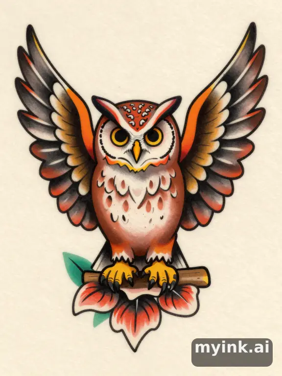Owl with spread wings — Neotraditional Tattoo Design reference image