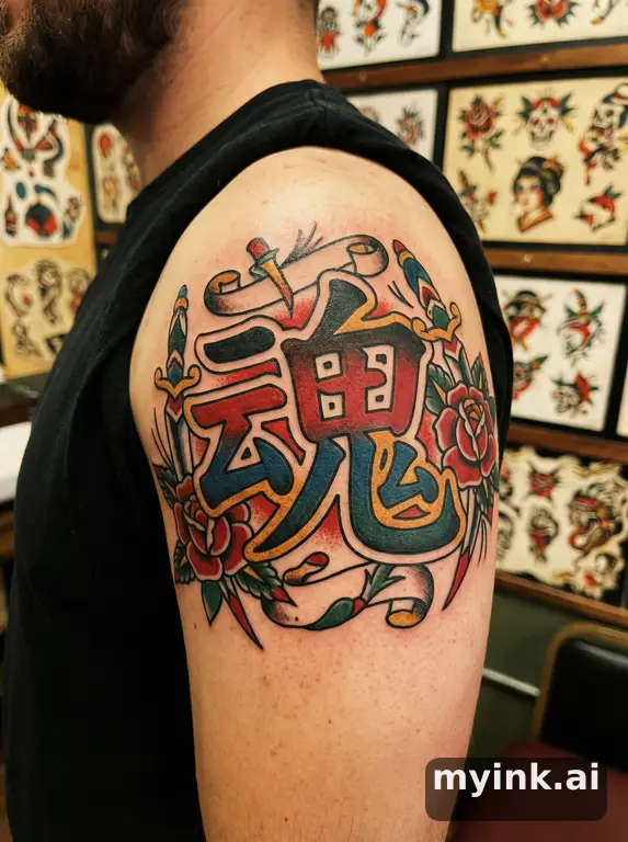 Japanese kanji '魂' (soul) — Traditional Tattoo Design reference image
