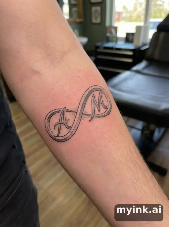 Two initials connected by an infinity loop in minimalist line art — Realistic Tattoo Design reference image