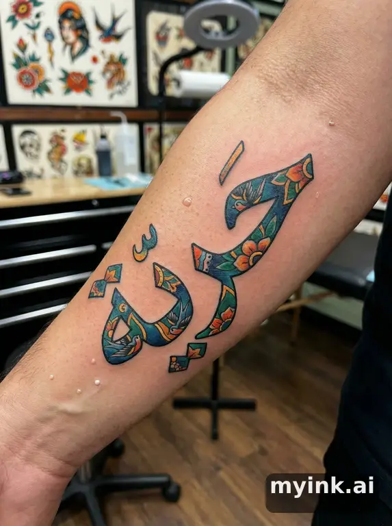 Arabic calligraphy writing 'حرية' (freedom) — Neotraditional Tattoo Design reference image