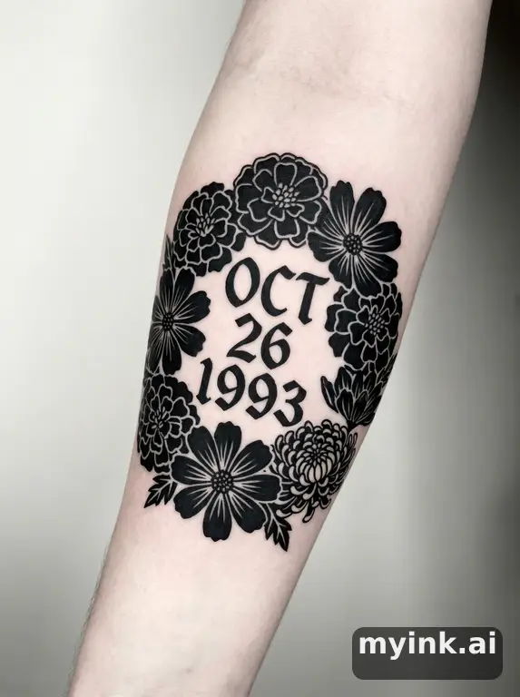 Birth date numbers surrounded by birth month flowers — Blackwork Tattoo Design reference image
