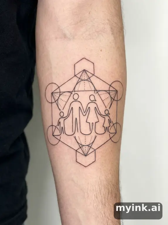 Minimalist family stick figures holding hands in single continuous line — Geometric Tattoo Design reference image