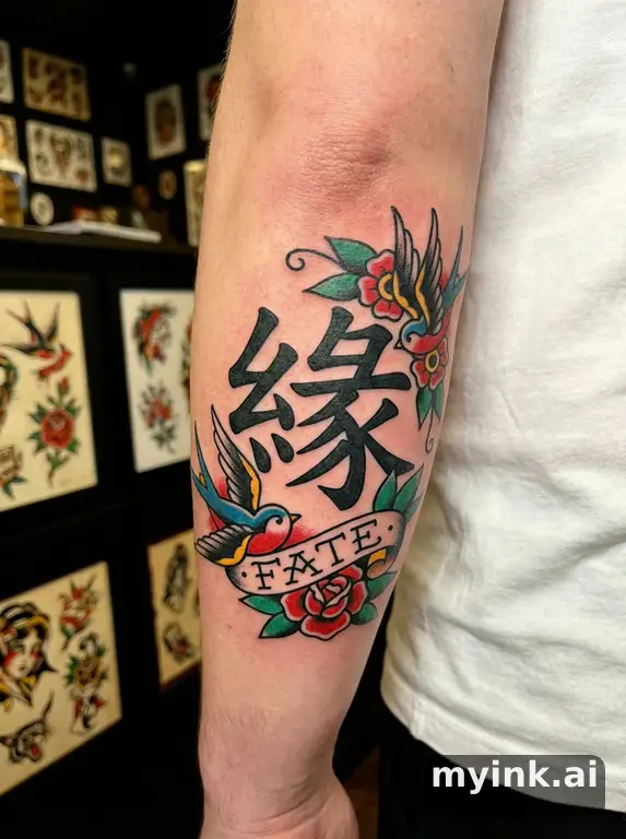 Chinese character '緣' (fate) — Traditional Tattoo Design reference image