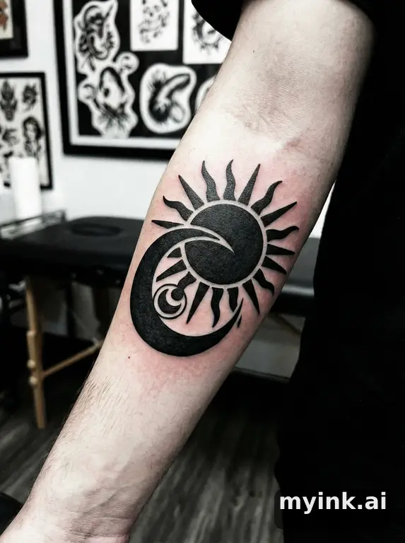 Sun and moon together — Blackwork Tattoo Design reference image