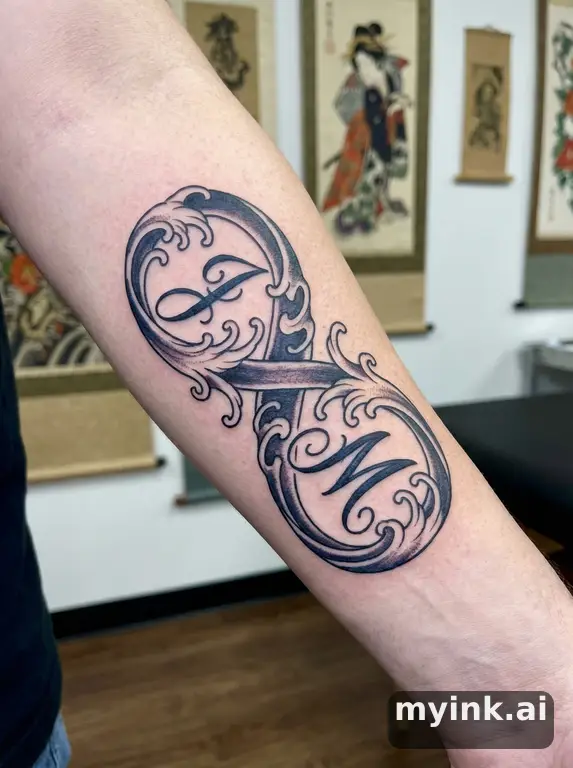 Two initials connected by an infinity loop in minimalist line art — Japanese Tattoo Design reference image