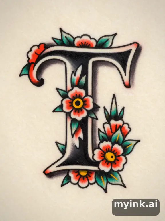 Single capital letter with ornate floral embellishments — Traditional Tattoo Design reference image