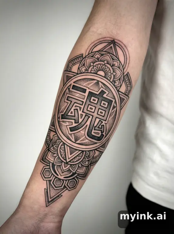 Japanese kanji '魂' (soul) — Geometric Tattoo Design reference image