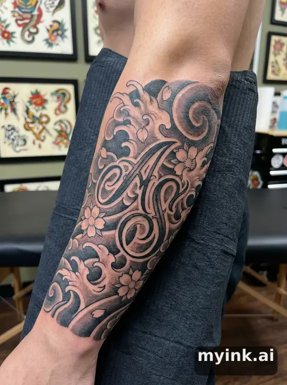 Elegant intertwined initials in fine-line calligraphy script — Japanese Tattoo Design reference image