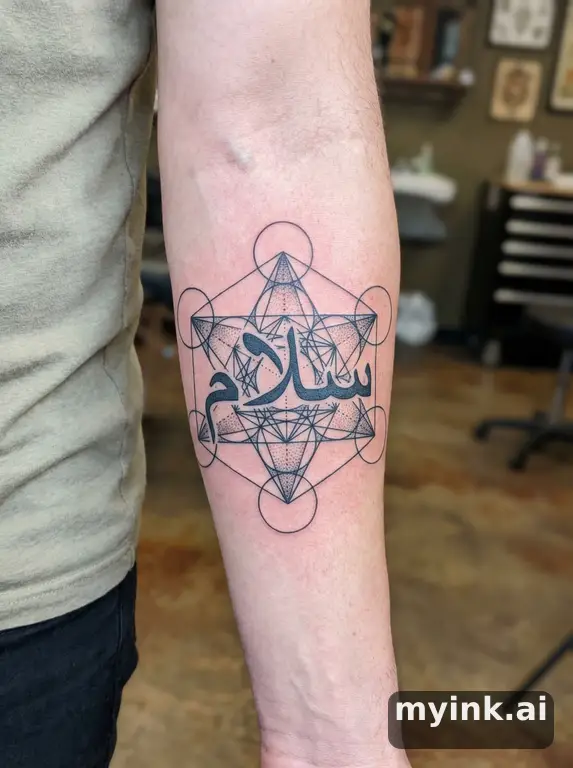 Arabic calligraphy writing 'سلام' (peace) — Geometric Tattoo Design reference image