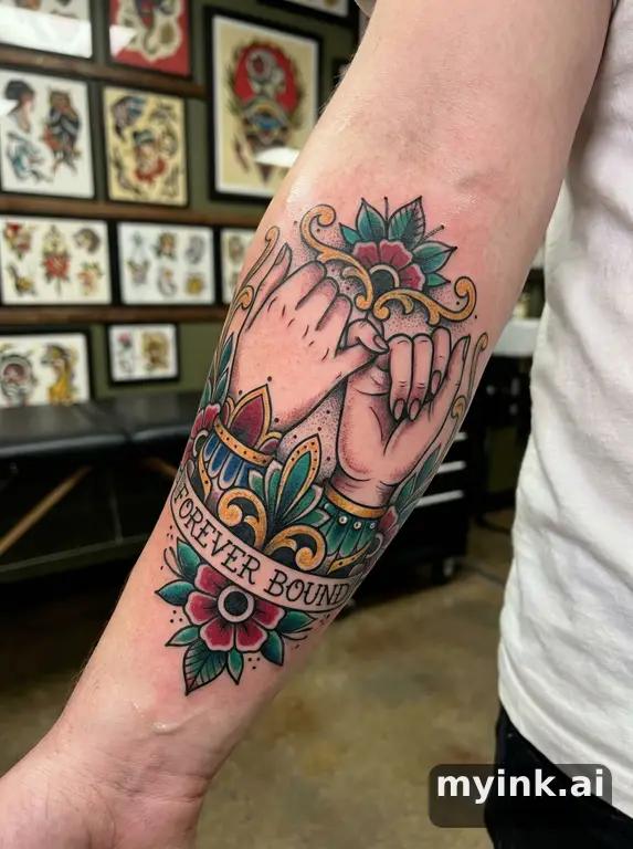 Two hands pinky promise — Neotraditional Tattoo Design reference image