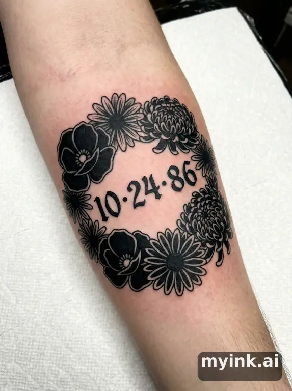Birth date numbers surrounded by birth month flowers — Blackwork Tattoo Design reference image