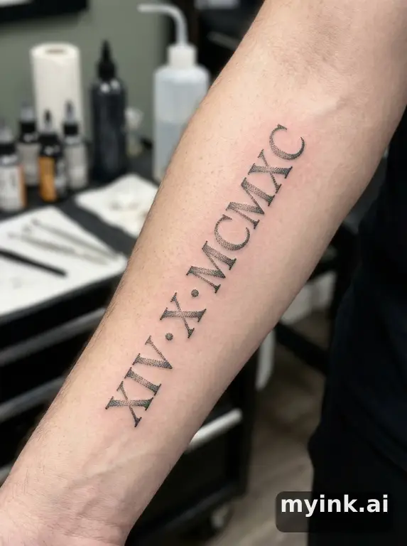 Meaningful date in roman numerals with subtle dotwork shading — Dotwork Tattoo Design reference image