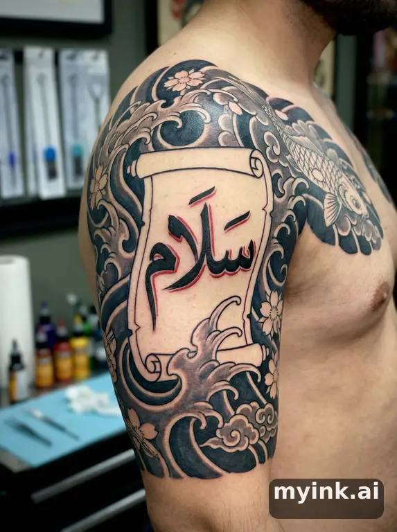 Arabic calligraphy writing 'سلام' (peace) — Japanese Tattoo Design reference image