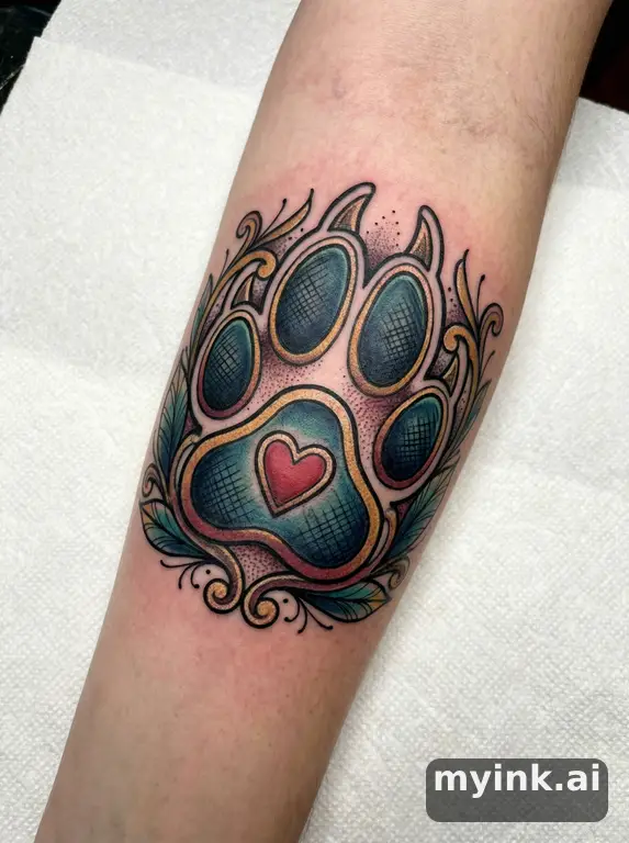 Pet paw print with a small heart inside — Neotraditional Tattoo Design reference image