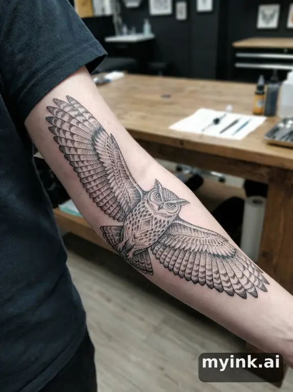 Owl with spread wings — Dotwork Tattoo Design reference image