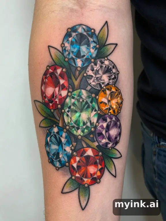Interlinked family birthstone gems on a vine — Neotraditional Tattoo Design reference image