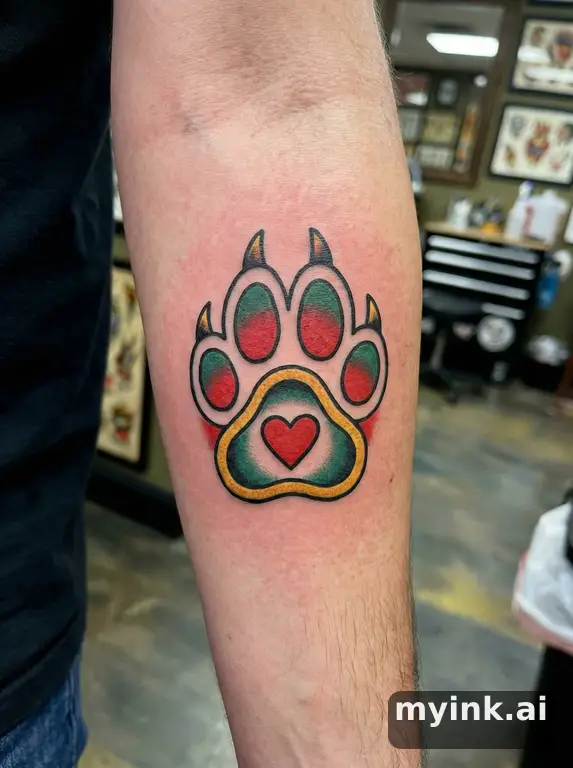 Pet paw print with a small heart inside — Traditional Tattoo Design reference image