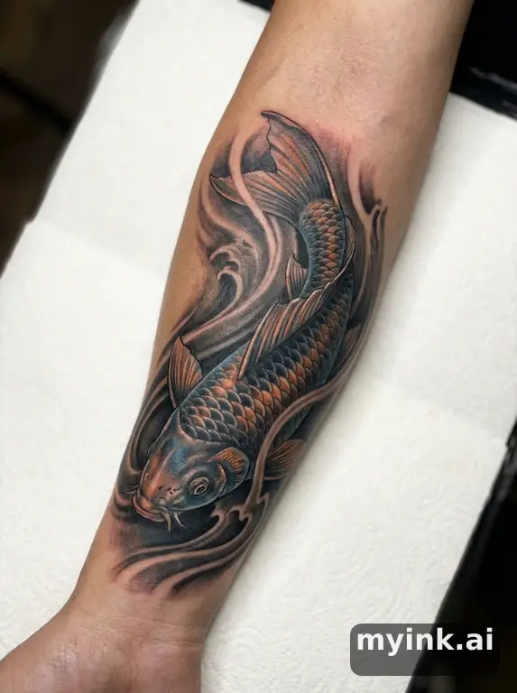 Koi fish swimming upstream — Realistic Tattoo Design reference image