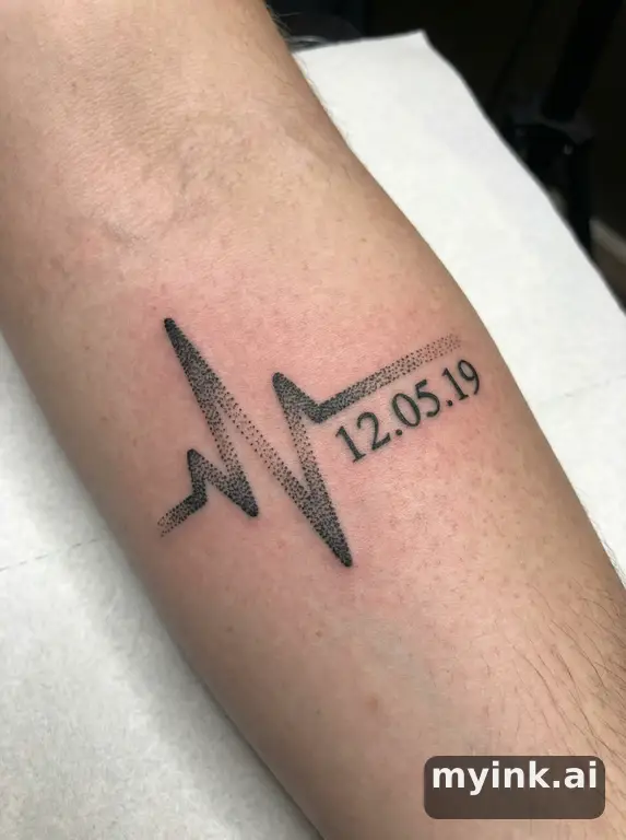 Heartbeat line that forms into a significant date — Dotwork Tattoo Design reference image