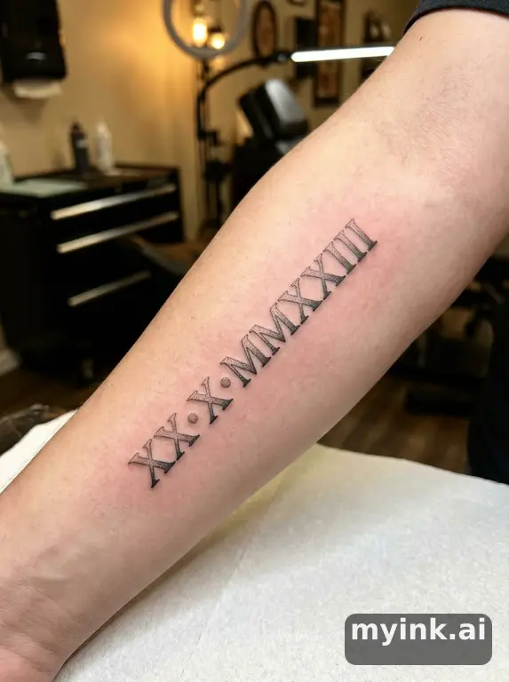 Meaningful date in roman numerals with subtle dotwork shading — Realistic Tattoo Design reference image