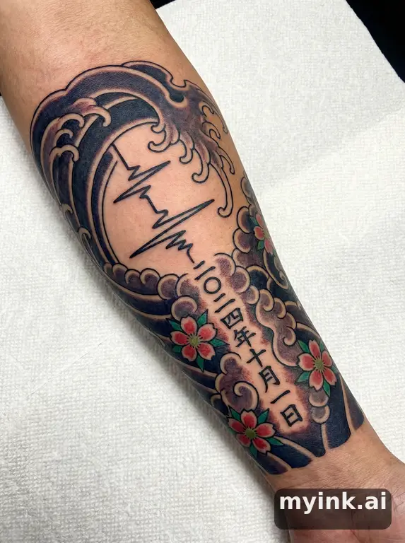 Heartbeat line that forms into a significant date — Japanese Tattoo Design reference image