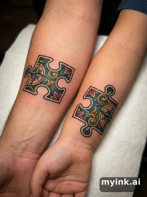 Parent and child matching puzzle pieces in fine-line style — Neotraditional Tattoo Design reference image