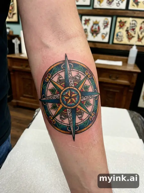 Compass rose — Neotraditional Tattoo Design reference image