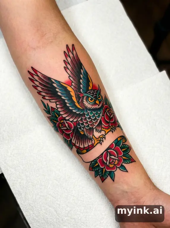 Owl with spread wings — Traditional Tattoo Design reference image