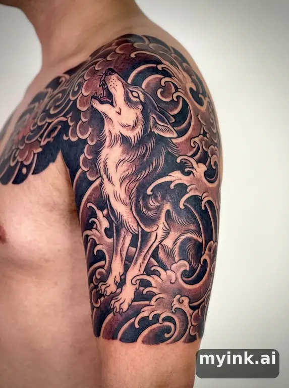 Howling wolf — Japanese Tattoo Design reference image