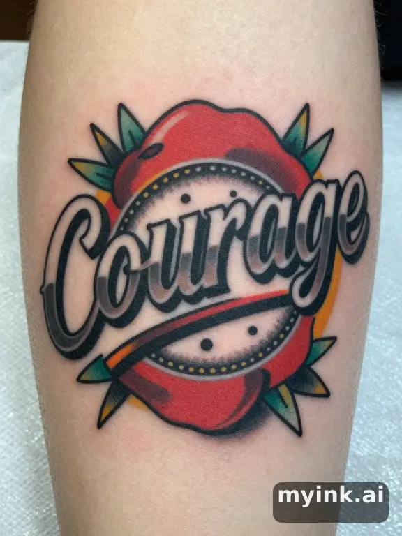 Word 'Courage' in bold typography — Neotraditional Tattoo Design reference image