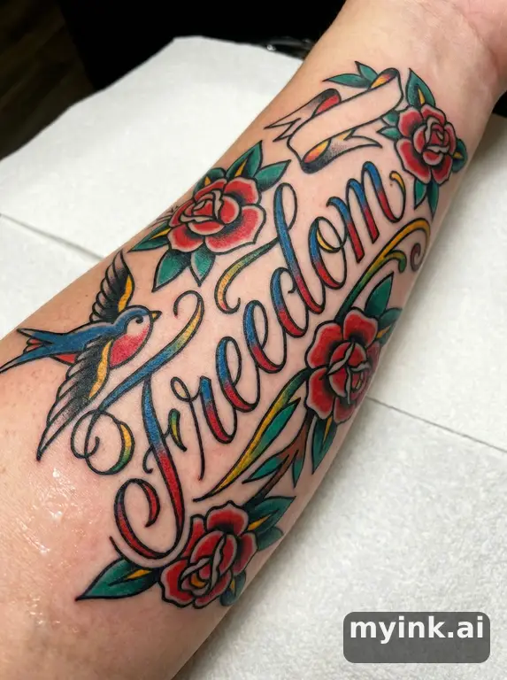 Word 'Freedom' in cursive lettering — Traditional Tattoo Design reference image