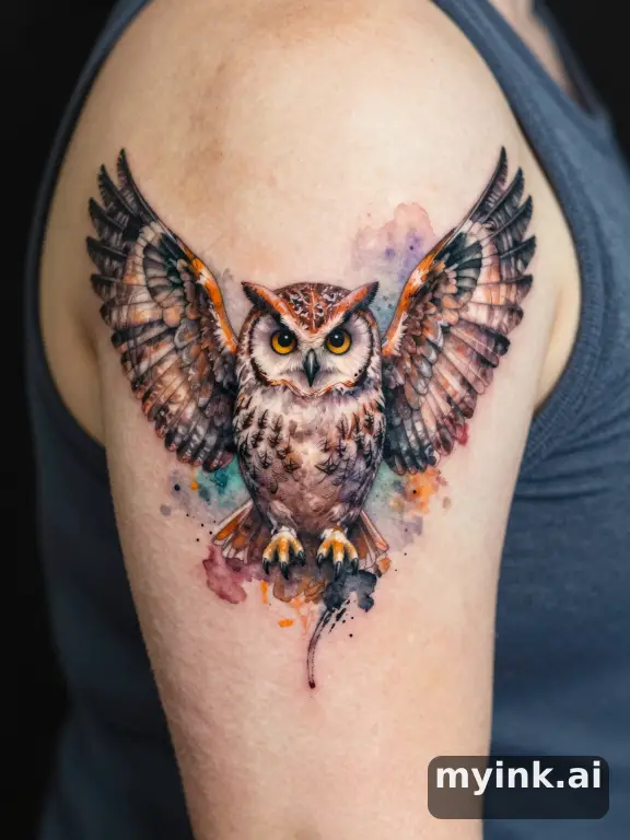 Owl with spread wings — Watercolor Tattoo Design reference image