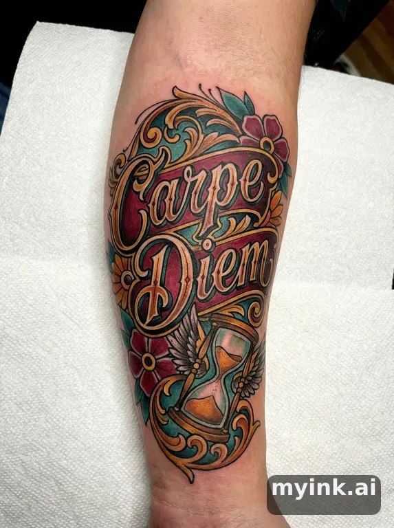 Phrase 'Carpe Diem' in vintage lettering — Neotraditional Tattoo Design reference image