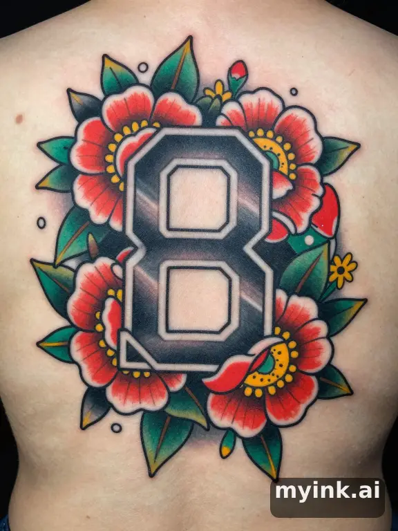 Birth date numbers surrounded by birth month flowers — Neotraditional Tattoo Design reference image