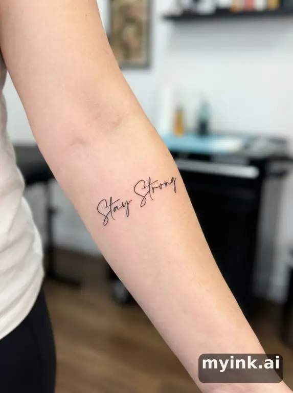 Phrase 'Stay Strong' in script — Minimalist Tattoo Design reference image